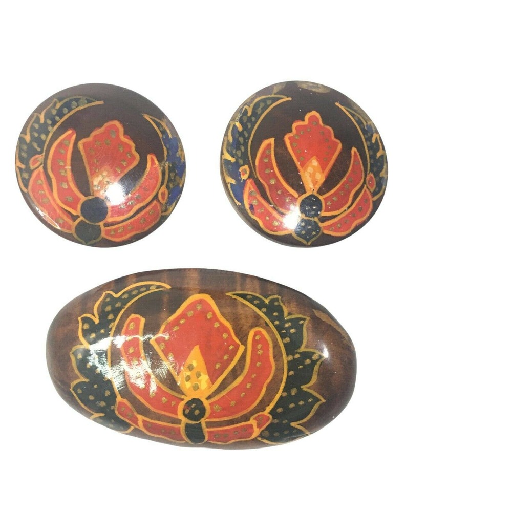 Wooden 1990s Vintage Jewelry Hand Painted Colorful Brooch and Earrings